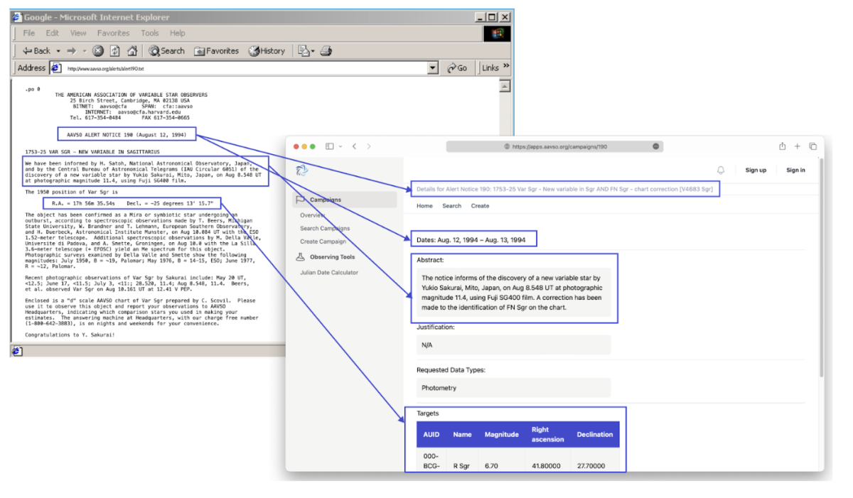 "1994 Notice on current website (left) and new application (right)"