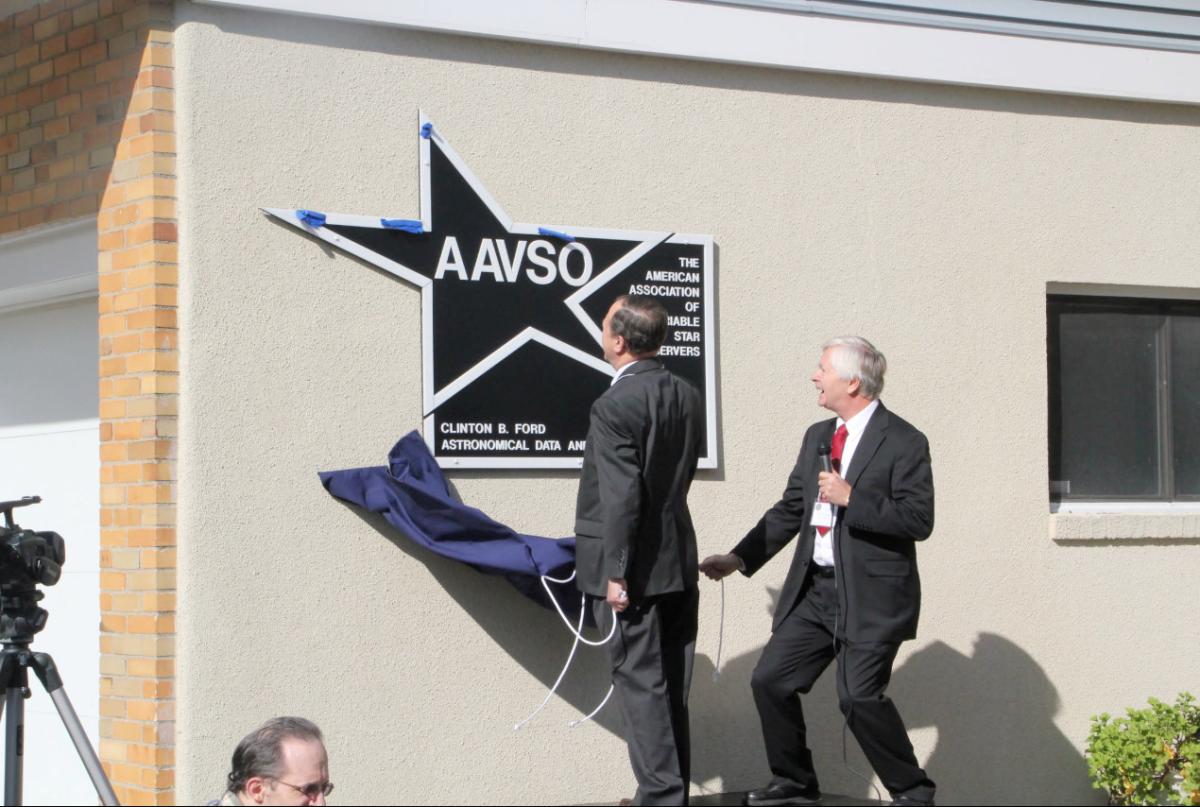 Unveiling of the commemorative plaque at the AAVSO headquarters during our centennial anniversary in October 2011. Photo by Carol Beaman.