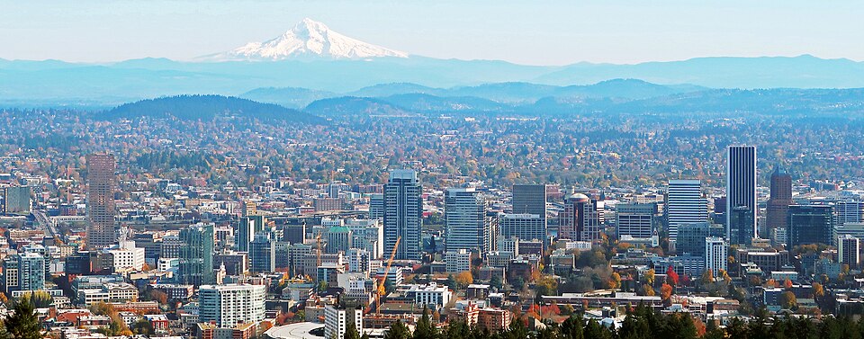 "Skyline of downtown Portland and Mt. Hood as seen from Pittock Mansion"